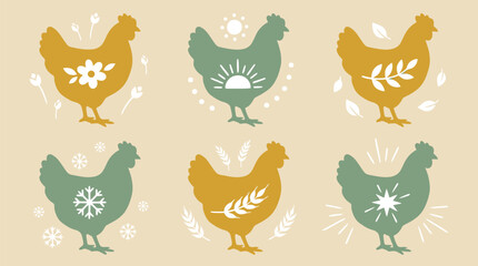 Fototapeta premium Stylized chicken silhouettes with seasonal and nature motifs for organic farming branding and agricultural marketing materials