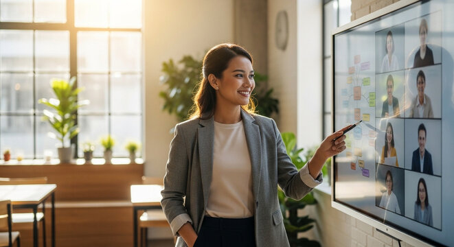 A female professional presenting a mind map on an interactive touch screen during a hybrid meeting session, connecting in-office attendees with remote colleagues via high-tech video conference.