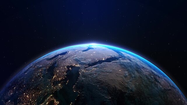 Earth view from space. Global network. Blockchain technology. Planet and communication. Future world 3D Rotating planet Earth view from the space. Concept of Global World Technology. Realistic