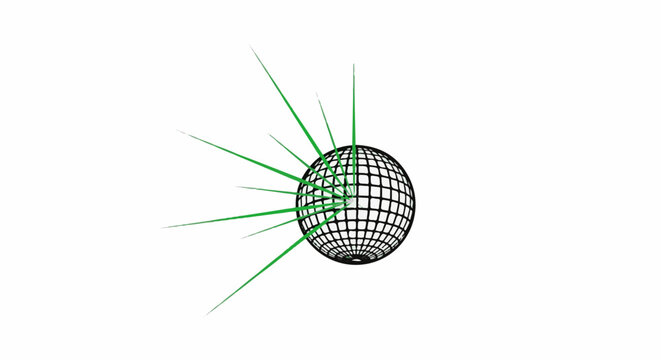 Black grid sphere with emanating green lines on white background