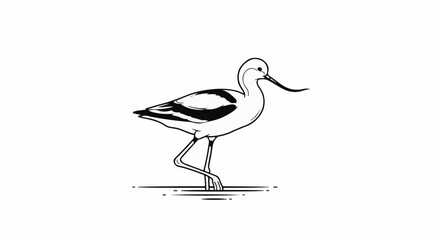 Naklejka premium Black and white illustration of a long-legged shorebird with a curved beak wading in water