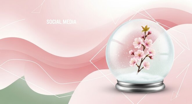 Pink cherry blossoms in snow globe on soft pink background