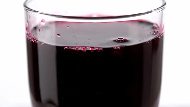 Close-up slow motion of rich dark red berry juice or wine being poured into a clear drinking glass, creating ripples and splashes against a bright white background.