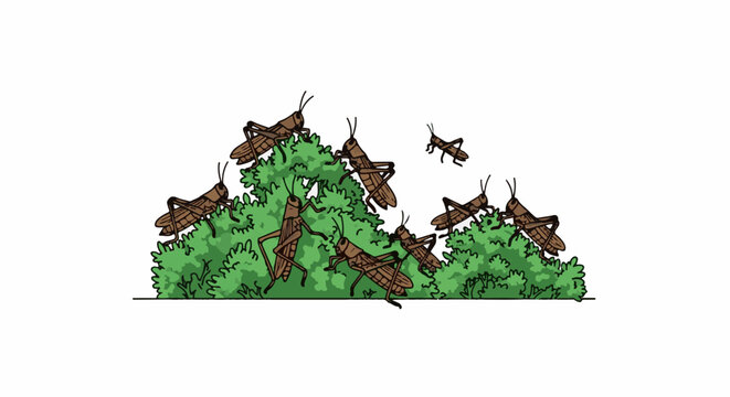 Cartoon brown grasshoppers swarm on a dense green bush under a white sky