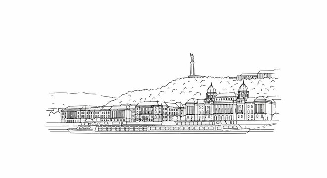 Architectural sketch of a city skyline with a riverboat on the water