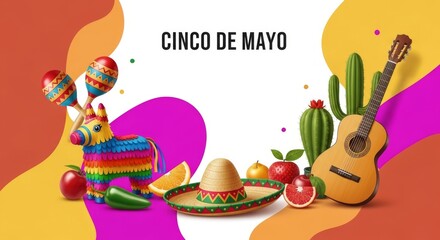 Naklejka premium Cinco de Mayo celebration elements with traditional items, festive colors, and abstract background