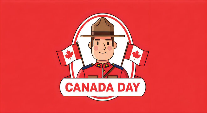 Celebrating canada day festive illustration of mountie with maple leaves and canadian flags
