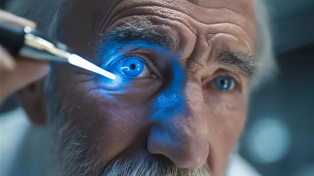 Senior Man Undergoing Advanced Laser Eye Examination in Clinic