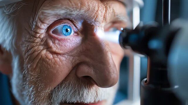 Senior Man Undergoing Eye Examination with Slit Lamp in Clinic