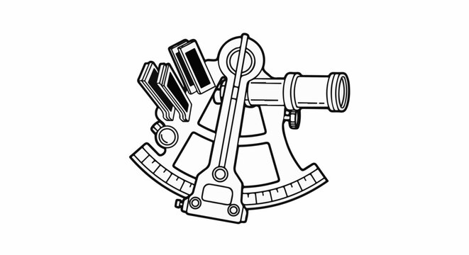 Black and white illustration of a sextant with a telescope and mirrors