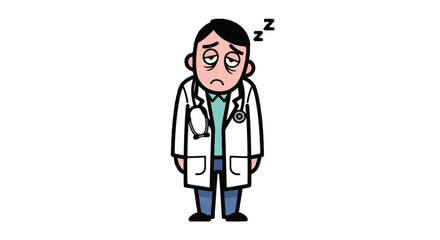Fototapeta premium A sleepy doctor with messy hair holding a stethoscope looks tired.