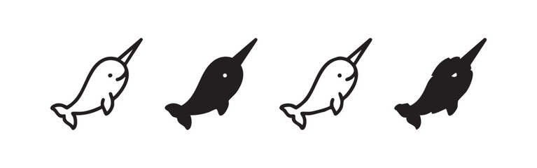 Set of four narwhal icons in black and white styles © liubomir118809