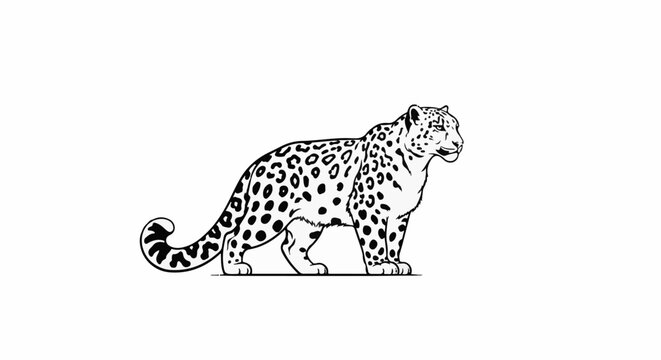 Black and white illustration of a spotted feline standing