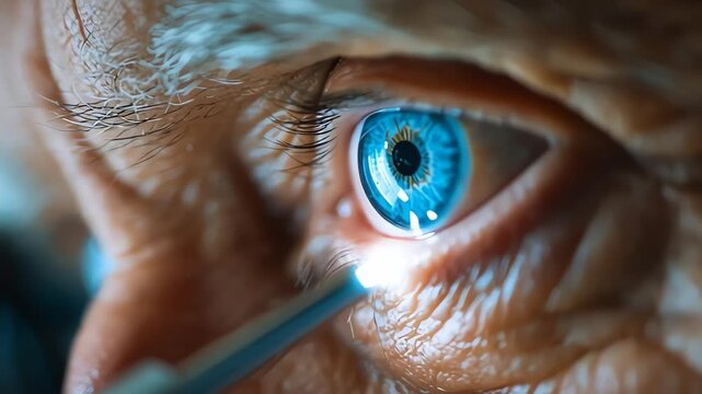Close Up of Doctor Examining Elderly Patient Blue Eye with Light