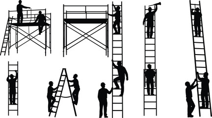 Construction Workers Silhouette Set, Scaffolding and Ladder Tasks, Maintenance and Climbing Poses, Safety Documentation Vector © MdAbdul