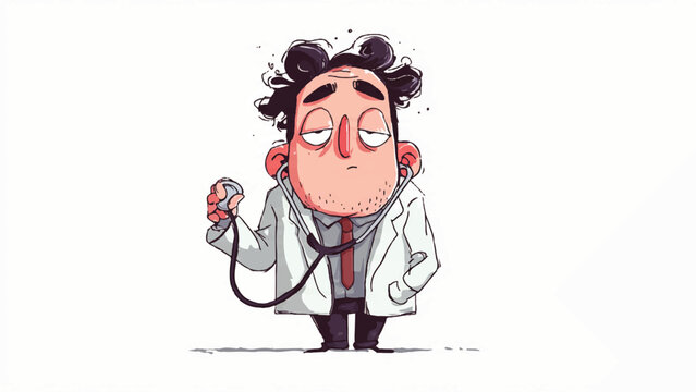 A sleepy doctor with messy hair is holding a stethoscope.