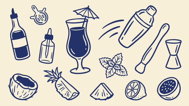 Professional mixology equipment and tropical ingredients for cocktail preparation and bar service menu design