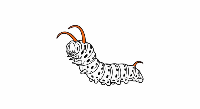 Cartoon caterpillar with orange antennae and black spots on a white background