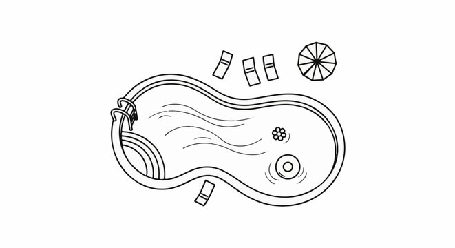 A simple line drawing of an outdoor swimming pool with lounge chairs and umbrella