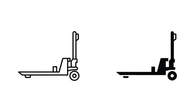 Manual pallet jack icon for warehouse logistics and material handling in outline and solid black silhouette for industrial design graphics