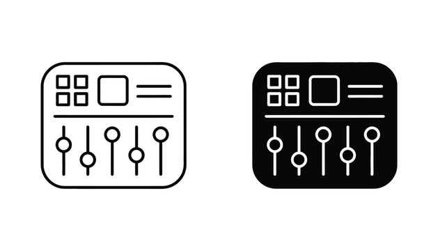 Digital control interface icon set featuring slider adjustments and data display panel in minimalist flat line and solid style for modern user experience design projects