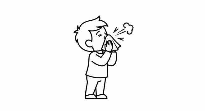 Cartoon child sneezing into a tissue with lines indicating expulsion
