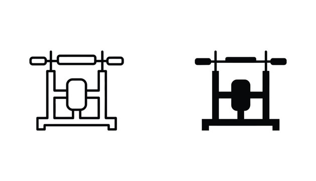 Gym exercise equipment bench press machine icon set in minimalist line and solid black style for fitness app UI design