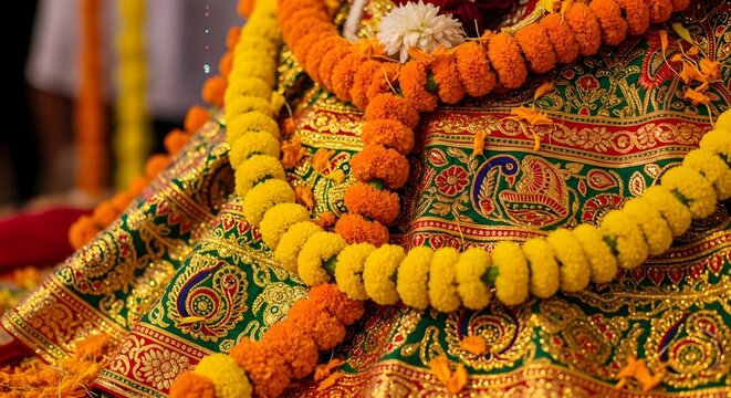 Intricate Silk Fabric and Marigold Garlands on Lord Jagannath Chariot for Rath Yatra in Puri Odisha India