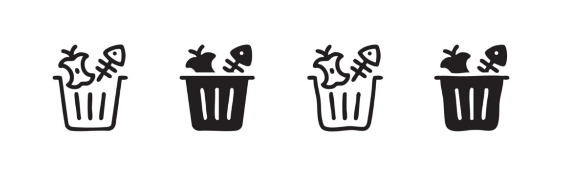Four different trash can icons with garbage on white background