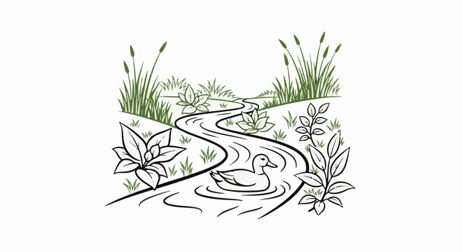 A single duck swims in a winding stream surrounded by lush green plants