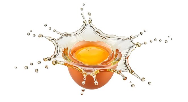 Dynamic splash of clear liquid and oil around brown egg yolk, vibrant yellow food element explosion, isolated on white.