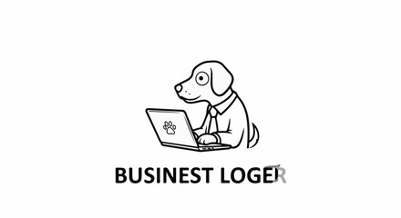 Obraz premium Cartoon dog in shirt and tie using a laptop with paw print