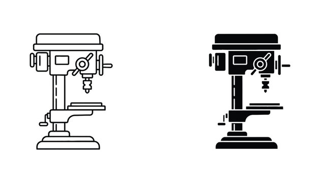 Industrial drill press machine silhouette and outline icon set for manufacturing and woodworking design