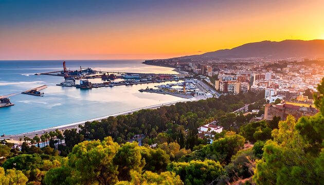 Aerial view of a coastal city at sunset with a harbor and trees