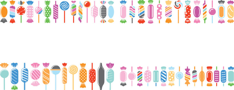 Colorful candy border with assorted sweets and lollipops on white background
