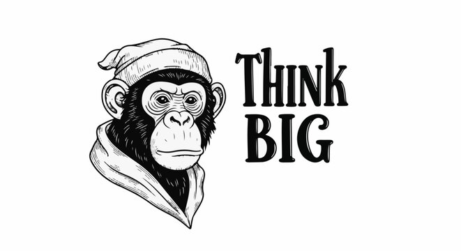 Black and white drawing of a chimp wearing a hat and scarf, with text