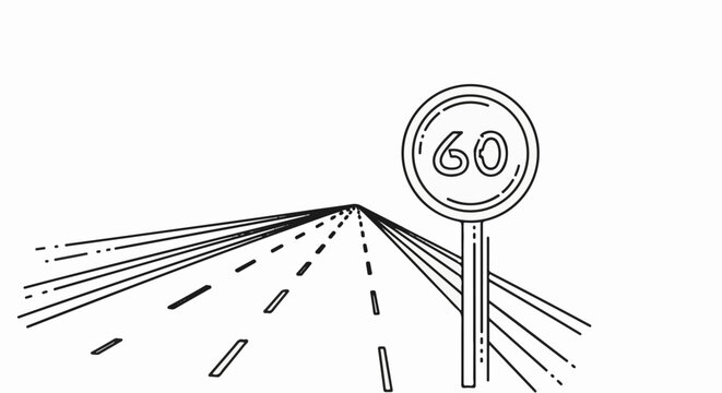 A sketch of a road with a speed limit sign showing 60