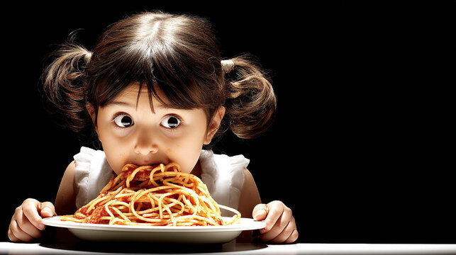 Little girl with pigtails eating spaghetti with tomato sauce spaghetti pigtails portrait