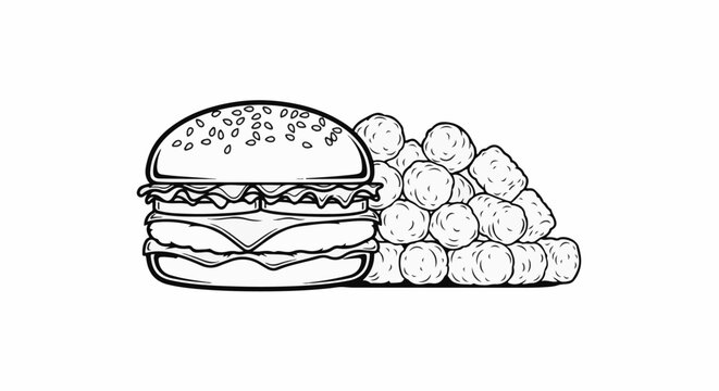 Black and white drawing of a stacked burger next to a pile of tater tots