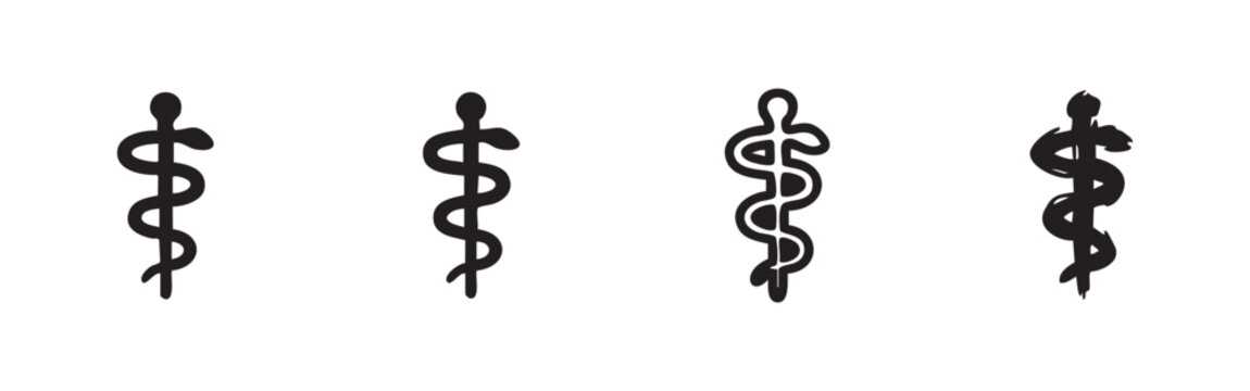 Rod of Asclepius icons, outline and filled, clean and sketched styles