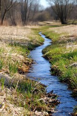 Fototapeta premium Streams of Thaw Flow Through Fields and Grass Near Trees on a Sunny Day