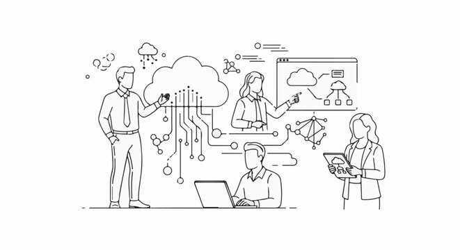 Business professionals collaborating on a digital cloud network and data visualization