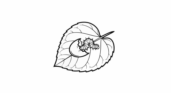 A stylized black and white illustration of a caterpillar eating a leaf
