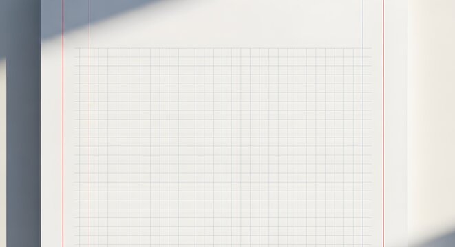 Closeup of a blank notebook page with grid lines and red margins