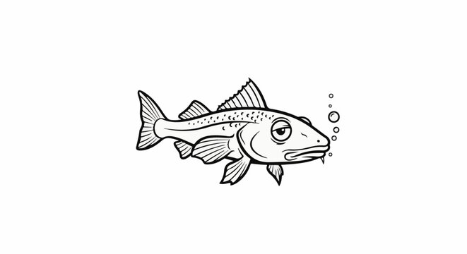 Cartoon fish with a grumpy expression exhales bubbles underwater