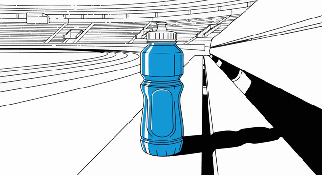 Blue bottle of athletic drink sits on stadium bleachers next to track