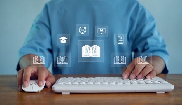 Online learning concept with person using computer keyboard and digital book icons, representing e-learning, education technology, knowledge access, remote study, and modern training solutions.