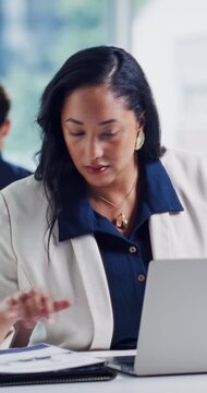 Business, woman and typing with documents on laptop in office for information, analysis or finance. Female person, data capturer or paperwork with computer for company brief, input or accounting