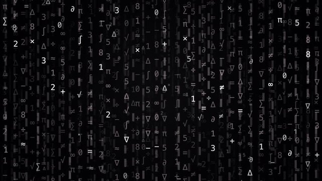 Digital Matrix Rain of Mathematical Symbols and Numbers on Black Background