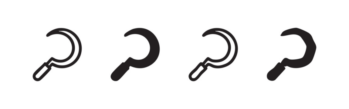 Four Sickle Icons: Outline, Solid, and Sketch Styles for Agriculture and Harvest